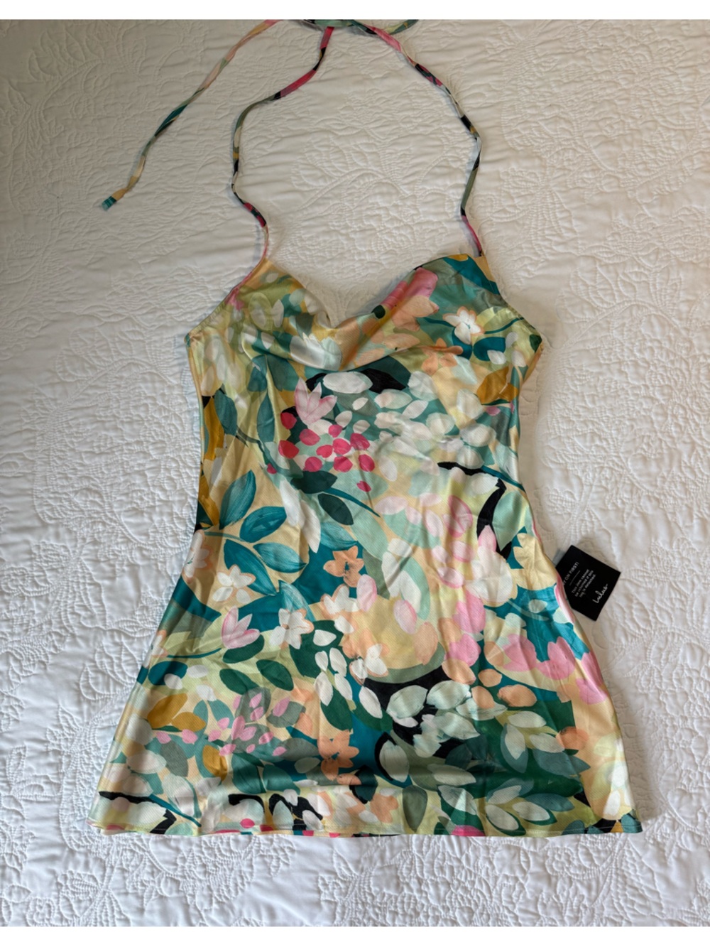 NWT Lulus Elevated Effect Green Multi Floral Satin Halter Slip Mini Dress - Picture 6 of 8